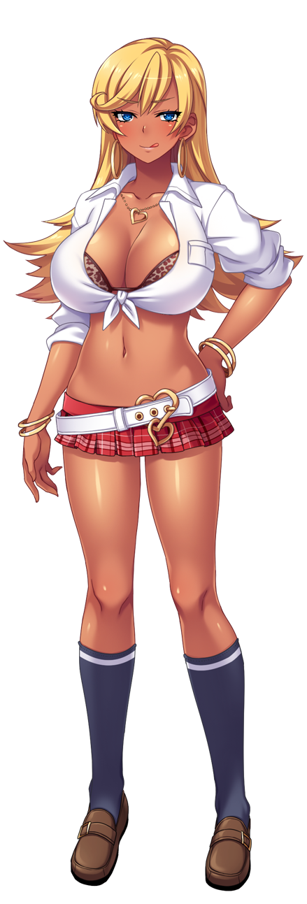 1girl :p black_legwear blonde_hair blue_eyes blush bra bracelet breasts character_name cleavage dark_skin earrings full_body gyaru highres hoop_earrings huge_breasts jewelry jk_bitch_sannin_musume! kneehighs kogal leaning_forward looking_at_viewer microskirt midriff naughty_face navel necklace plaid plaid_skirt pleated_skirt sasamori_anna school_uniform shirt shoes skirt smile socks solo tan thighs tied_shirt tongue tongue_out underwear v