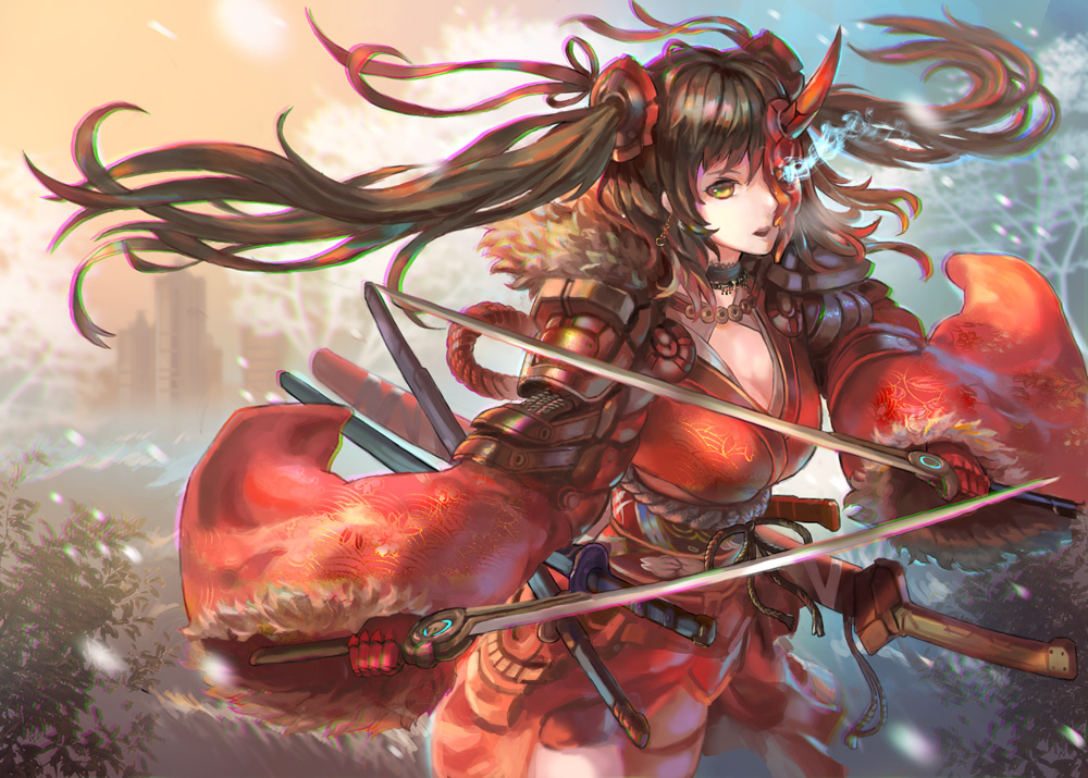 1girl bangs black_choker breasts brown_hair choker cleavage commentary_request cowboy_shot denki dual_wielding hair_between_eyes half_mask holding holding_sword holding_weapon horned_headwear japanese_clothes katana kimono long_hair long_sleeves looking_at_viewer obi oni_mask original outdoors parted_lips red_kimono sash solo standing sword twintails weapon yellow_eyes