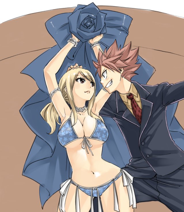 1boy 1girl armlet arms_up bikini blonde_hair bracelet breasts cleavage fairy_tail formal hand_on_another's_head jewelry large_breasts looking_at_another lucy_heartfilia mashima_hiro natsu_dragneel navel necklace necktie pink_hair smile spiky_hair stomach suit swimsuit under_boob