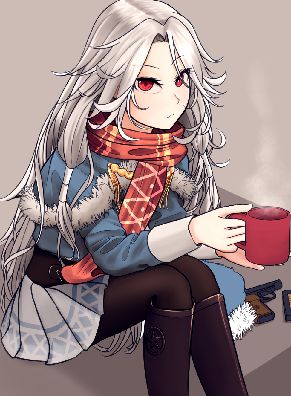 1girl boots capelet cup eyebrows eyebrows_visible_through_hair fur_trim girls_frontline gun handgun highres long_hair looking_at_viewer magazine_(weapon) makarov_(girls_frontline) makarov_pm mug pantyhose pistol red_eyes scarf silver_hair sitting testame weapon