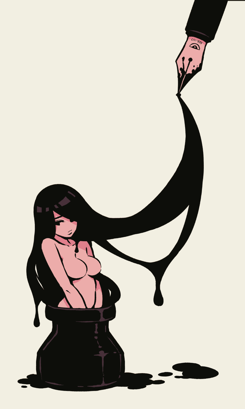 1girl akairiot black_eyes black_hair breasts cleavage highres ink no_nipples nude original pen solo surreal