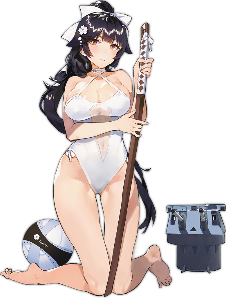 1girl azur_lane ball bangs bare_arms bare_legs bare_shoulders barefoot black_hair bow breasts choker cleavage closed_mouth eyebrows eyelashes facing_viewer flower frown full_body gluteal_fold hair_bow hair_flower hair_ornament halterneck high_ponytail highleg highleg_swimsuit kishiyo kneeling knees_together_feet_apart large_breasts legs long_hair looking_away looking_to_the_side machinery navel official_art one-piece_swimsuit orange_eyes shiny shiny_hair simple_background solo swimsuit sword takao_(azur_lane) transparent_background tsurime turret under_boob very_long_hair weapon white_bow white_choker white_swimsuit wooden_sword