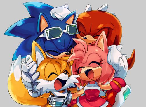 1girl 3boys amy_rose closed_eyes eyewear_on_head friends goggles goggles_around_neck group_hug hand_on_another's_head happy hug knuckles_the_echidna laughing lowres multiple_boys open_mouth smile sonic sonic_riders sonic_the_hedgehog sunglasses tails_(sonic)