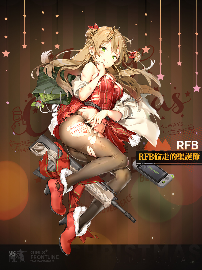 1girl :q ;&gt; anmi assault_rifle bag bangs bare_shoulders black_legwear black_panties blush body_writing boots bow breasts brown_hair bullpup character_name christmas coat copyright_name double_bun dress duffel_coat eyebrows_visible_through_hair full_body fur_trim girls_frontline green_eyes gun hair_bow half-closed_eyes heart high_heel_boots high_heels holding kel-tec_rfb long_hair looking_at_viewer lying medium_breasts merry_christmas nintendo_switch official_art on_side open_clothes open_coat open_mouth panties pantyhose red_bow red_dress red_footwear rfb_(girls_frontline) rifle santa_costume shopping_bag smile solo thighs tongue tongue_out torn_clothes underwear weapon