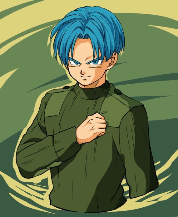 1boy blue_eyes blue_hair clenched_hand dragon_ball dragon_ball_super dragonball_z green_background green_shirt long_sleeves looking_at_viewer male_focus official_style petagon shirt short_hair simple_background smile trunks_(dragon_ball)