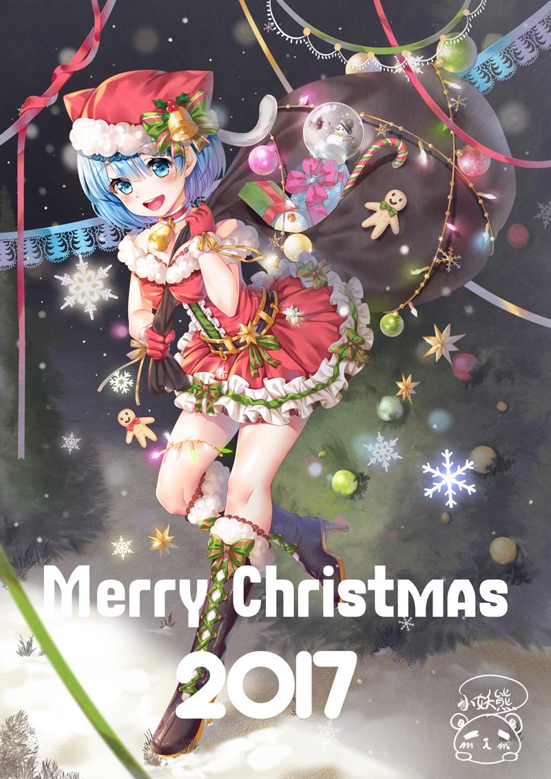 1girl 2017 :d animal_hat bell bell_choker between_breasts black_footwear blue_eyes blue_hair blush boots box breasts candy candy_cane cat_hat center_frills choker christmas christmas_ornaments christmas_tree dress english eyebrows_visible_through_hair food full_body gift gift_box gingerbread_man gloves hair_between_eyes hair_ribbon hat high_heels holding holly knee_boots leg_up looking_at_viewer medium_breasts merry_christmas number open_mouth re:zero_kara_hajimeru_isekai_seikatsu red_dress red_gloves rem_(re:zero) ribbon sack santa_costume smile snow snow_globe snowflakes snowing solo standing standing_on_one_leg striped striped_ribbon xiao_yao_xiong_(xy450425885)
