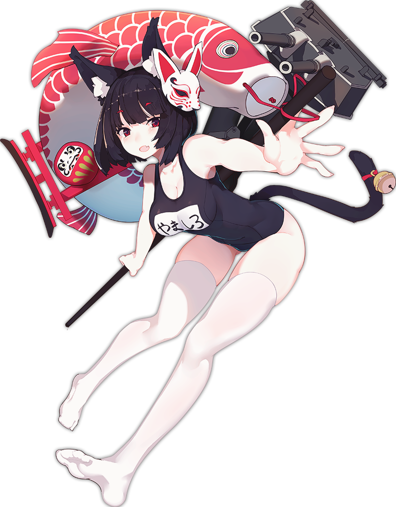 1girl animal_ears azur_lane bangs bell bent_over black_hair blunt_bangs breasts cat_ears cat_tail cleavage clothes_writing eyebrows_visible_through_hair fang fox_mask full_body jingle_bell koi leaning_forward looking_at_viewer machinery mask medium_breasts name_tag official_art old_school_swimsuit one-piece_swimsuit open_mouth rain_lan red_eyes school_swimsuit short_eyebrows short_hair simple_background skindentation solo staff swimsuit tail tail_bell thigh-highs torii transparent_background white_legwear yamashiro_(azur_lane)