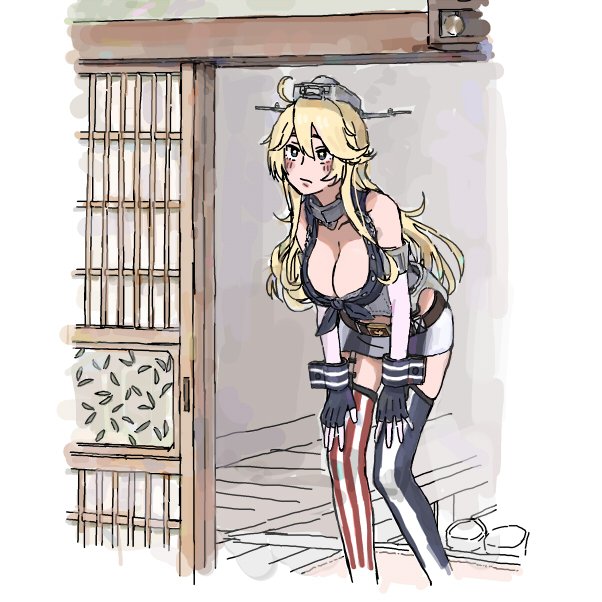 1girl ahoge architecture bare_shoulders blue_eyes blush breasts brown_belt cleavage closed_mouth collarbone door doorway east_asian_architecture elbow_gloves garter_straps gloves hair_between_eyes hand_on_own_knee hat headgear height_conscious iowa_(kantai_collection) kantai_collection kneeling large_breasts long_hair midriff mismatched_legwear shijukara_(great_tit) sketch skirt solo star star-shaped_pupils striped striped_legwear striped_skirt symbol-shaped_pupils tall thigh-highs two-tone_legwear