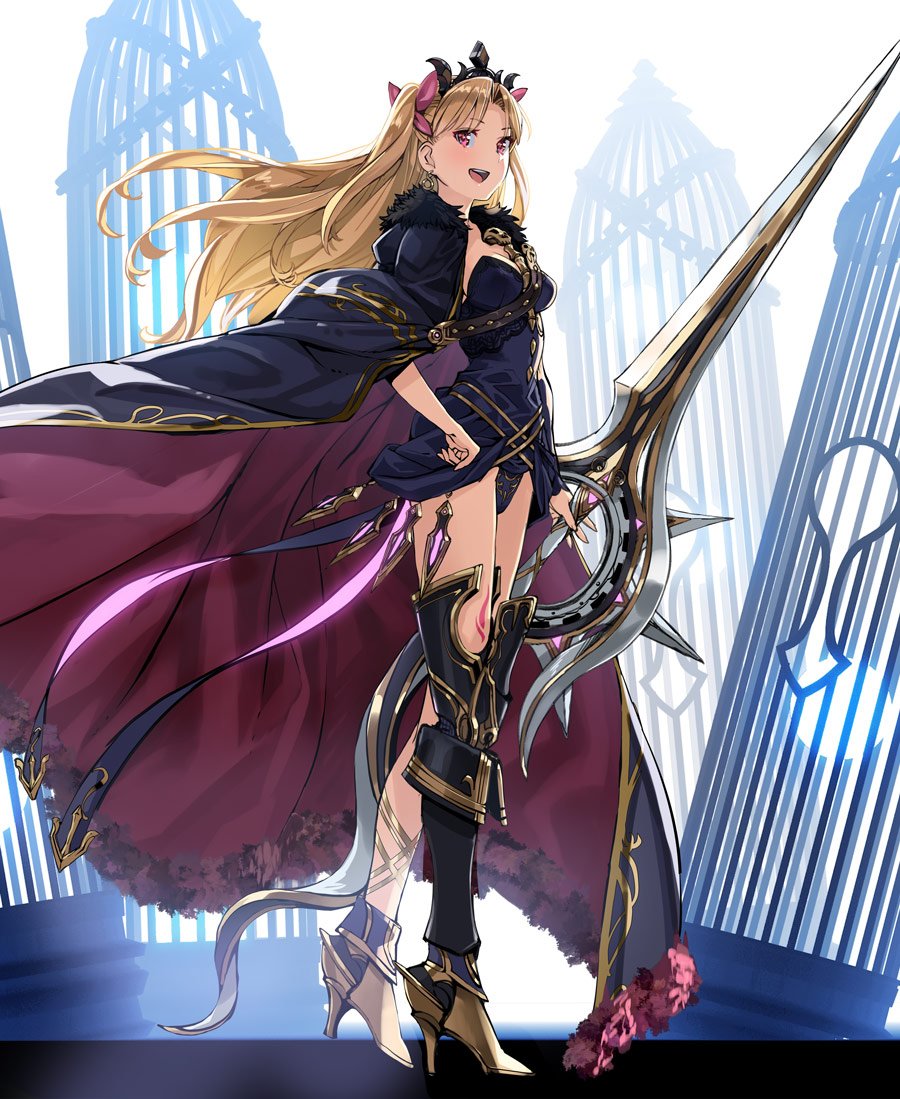 1girl :d blonde_hair cage cape ereshkigal_(fate/grand_order) fate/grand_order fate_(series) fur_trim high_heels lance long_hair open_mouth polearm red_eyes single_greave smile solo tiara tohsaka_rin two_side_up weapon yahako