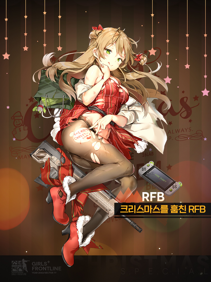 1girl :q ;&gt; anmi assault_rifle bag bangs bare_shoulders black_legwear black_panties blush body_writing boots bow breasts brown_hair bullpup character_name christmas coat copyright_name double_bun dress duffel_coat eyebrows_visible_through_hair full_body fur_trim girls_frontline green_eyes gun hair_bow half-closed_eyes heart high_heel_boots high_heels holding kel-tec_rfb long_hair looking_at_viewer lying medium_breasts merry_christmas nintendo_switch official_art on_side open_clothes open_coat open_mouth panties pantyhose red_bow red_dress red_footwear rfb_(girls_frontline) rifle santa_costume shopping_bag smile solo thighs tongue tongue_out torn_clothes underwear weapon