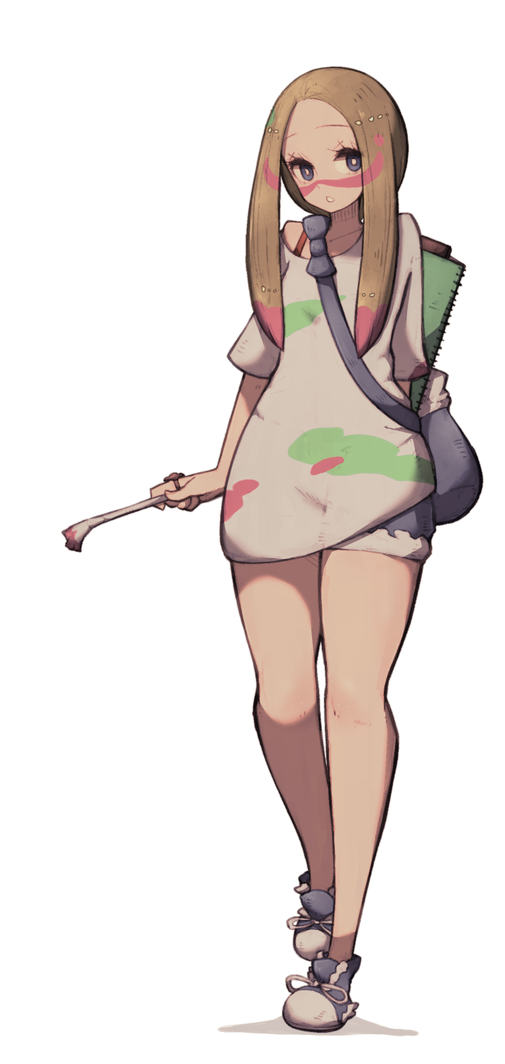 1girl bag bangs blonde_hair blue_eyes denim denim_shorts facial_mark full_body half-closed_eyes highres lamb-oic029 matsurika_(pokemon) oversized_clothes oversized_shirt paintbrush parted_bangs parted_lips pokemon pokemon_(game) pokemon_sm shirt shorts simple_background solo trial_captain white_background