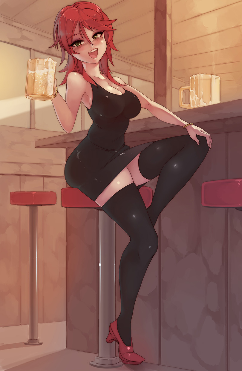 1girl alcohol bar_stool beer beer_mug black_dress black_legwear bracelet breasts commentary commission dress drunk eba_rin eyeshadow green_eyes hand_on_own_knee highres jewelry kimi_no_iru_machi little_black_dress looking_at_viewer makeup medium_breasts medium_hair mole mole_under_eye open_mouth pumps red_footwear redhead rtil sitting solo stool thigh-highs