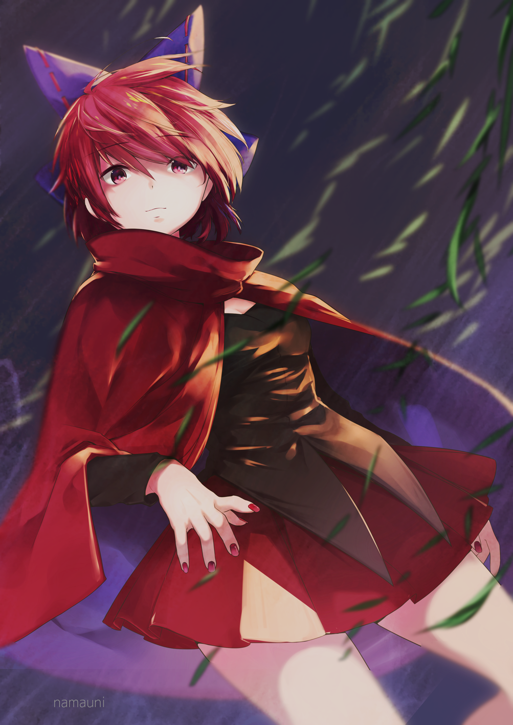 1girl artist_name bangs black_blouse blouse blue_bow bow cape closed_mouth hair_bow highres light_smile looking_at_viewer miniskirt nail_polish namauni night outdoors pleated_skirt red_eyes red_nails red_skirt redhead sekibanki skirt solo touhou wind