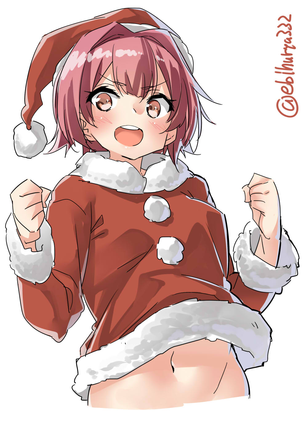 1girl bangs blush brown_eyes clenched_hands ebifurya eyebrows_visible_through_hair hair_between_eyes hair_intakes hat highres kantai_collection kinu_(kantai_collection) long_sleeves looking_at_viewer navel open_mouth pink_hair pom_pom_(clothes) round_teeth santa_costume short_hair simple_background solo teeth twitter_username upper_body white_background