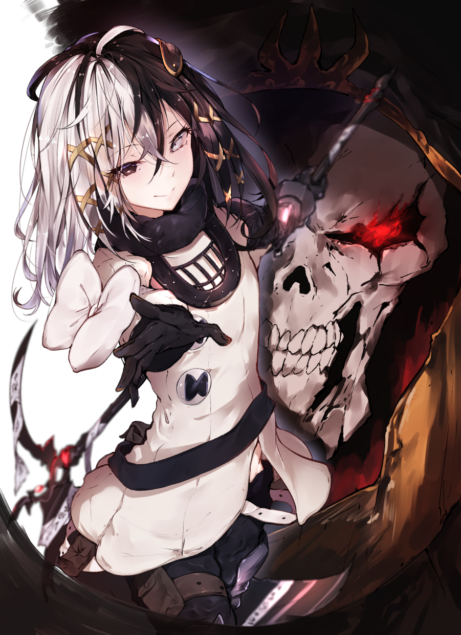 1girl ainz_ooal_gown black_eyes black_gloves black_pants blurry character_request closed_mouth commentary_request depth_of_field dress eyebrows_visible_through_hair gloves glowing glowing_eyes hair_between_eyes hair_ornament heterochromia highres holding holding_scythe holding_weapon hplay looking_at_viewer multicolored_hair outstretched_arms overlord_(maruyama) pants red_eyes robe scythe skull smile standing two-tone_hair weapon white_dress white_eyes x_hair_ornament