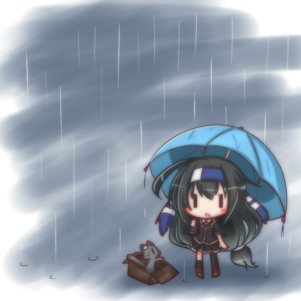 1girl :o animal asymmetrical_legwear bangs black_cat black_hair black_jacket black_legwear black_skirt blue_umbrella blush box brown_footwear cardboard_box cat collared_shirt eyebrows_visible_through_hair hair_between_eyes hatsushimo_(kantai_collection) headband holding holding_umbrella jacket kantai_collection kneehighs komakoma_(magicaltale) long_hair low-tied_long_hair parted_lips pleated_skirt rain remodel_(kantai_collection) school_uniform shirt shoes short_sleeves single_kneehigh single_thighhigh skirt solo standing thigh-highs umbrella very_long_hair wet white_shirt ||_||