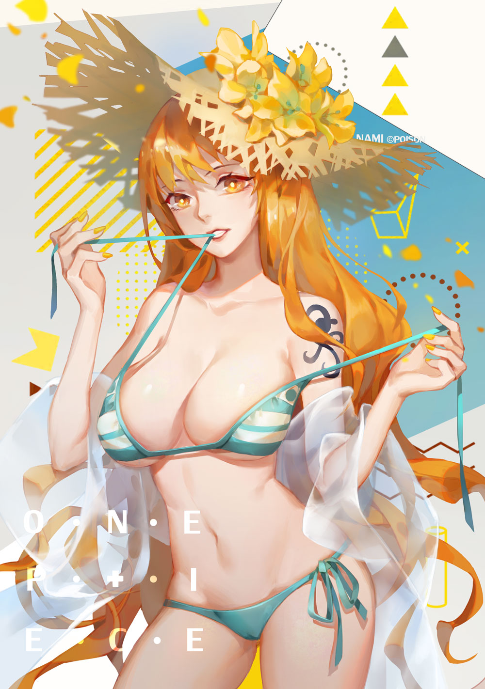 1girl alone bare_shoulders bikini breasts character_name clenched_teeth copyright_name curvy dywx_poison female green_bikini hat highres large_breasts lips long_hair looking_at_viewer medium_breasts nami_(one_piece) navel one_piece orange_eyes orange_hair side-tie_bikini solo standing stomach straw_hat striped striped_bikini swimsuit tattoo teeth thighs twitter_username very_long_hair