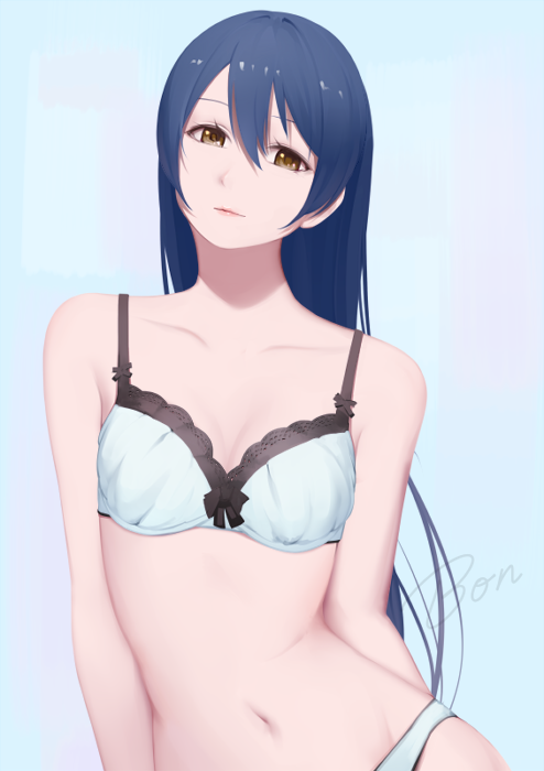 10s 1girl arms_at_sides artist_name bangs blue_background blue_bra blue_hair blue_panties bon_nob bra breasts cleavage commentary_request hair_between_eyes long_hair looking_at_viewer love_live! love_live!_school_idol_project navel panties simple_background small_breasts solo sonoda_umi standing underwear underwear_only yellow_eyes