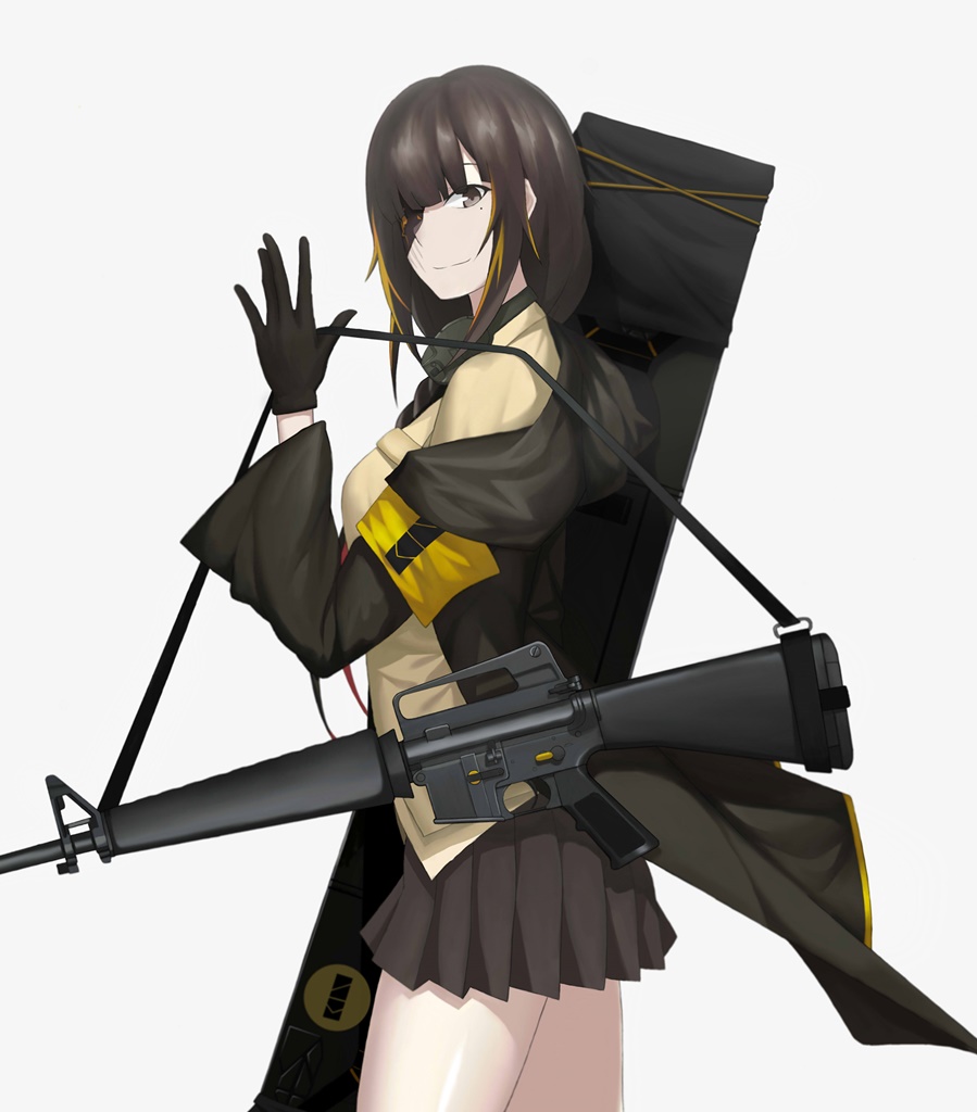 1girl assault_rifle black_hair braid brown_eyes brown_hair cero_(last2stage) eyepatch from_side girls_frontline gloves gun headphones holding holding_strap jacket long_hair looking_at_viewer m16 m16a1_(girls_frontline) mole mole_under_eye multicolored_hair multiple_girls necktie pleated_skirt rifle shoulder_strap skirt smile solo streaked_hair thighs weapon weapon_bag