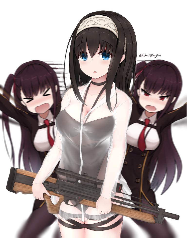 &gt;_&lt; 2girls alternate_costume asymmetrical_bangs bangs black_hair blue_eyes breasts cleavage commentary_request driftkingtw girls_frontline gun hair_ribbon hairband holding holding_gun holding_weapon idolmaster idolmaster_cinderella_girls long_hair long_sleeves looking_at_viewer medium_breasts multiple_girls one_side_up open_mouth red_eyes ribbon rifle sagisawa_fumika side_ponytail simple_background sniper_rifle twitter_username wa2000_(girls_frontline) wa2000_(girls_frontline)_(cosplay) weapon