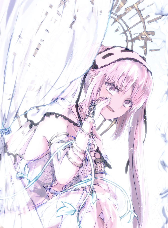 0825belle 1girl commentary_request dress fate/apocrypha fate/grand_order fate_(series) hairband halo hand_to_own_mouth jewelry lolita_hairband long_hair looking_at_viewer open_mouth purple_hair ring see-through solo stheno strapless strapless_dress twintails veil violet_eyes