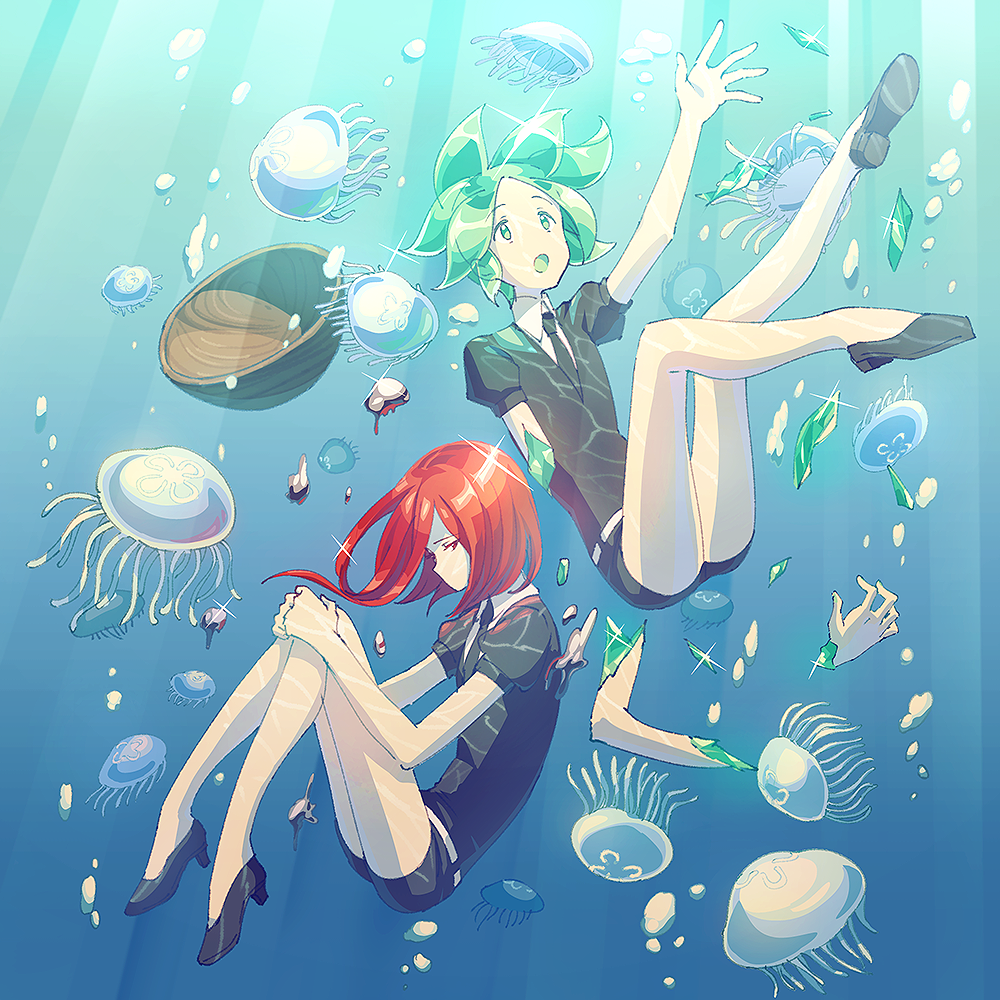 amputee androgynous bowl bubble gem_uniform_(houseki_no_kuni) green_eyes green_hair high_heels houseki_no_kuni jellyfish matsuki_(mikipingpong) necktie open_mouth phosphophyllite puffy_short_sleeves puffy_sleeves red_eyes redhead shinsha_(houseki_no_kuni) short_sleeves shorts underwater