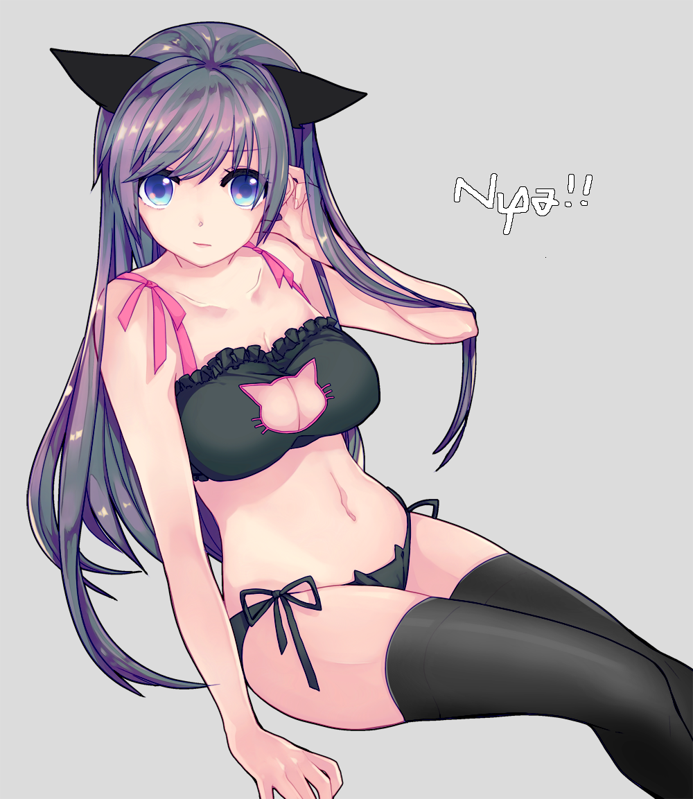 1girl animal_ears bangs black_bra black_legwear black_panties blue_eyes bra breasts cat_cutout cat_ear_panties cat_ears cat_lingerie cleavage cleavage_cutout closed_mouth collarbone eyebrows_visible_through_hair frilled_bra frills grey_background hair_tucking hand_in_hair hand_up lingerie long_hair looking_at_viewer medium_breasts meme_attire navel original panties purple_hair ruku_(rukumero) sidelocks simple_background sitting solo swept_bangs thigh-highs thighs underwear