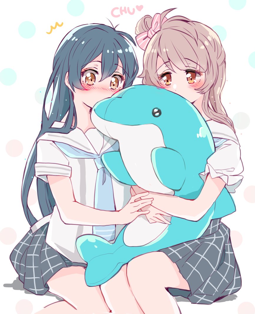 2girls bangs blue_hair blush commentary_request dolphin eyebrows_visible_through_hair grey_hair hair_between_eyes hair_ornament holding inflatable_dolphin inflatable_toy kiss long_hair love_live! love_live!_school_idol_project minami_kotori multiple_girls one_side_up pleated_skirt purin_(purin0) sailor_collar school_uniform serafuku short_sleeves simple_background sitting skirt sonoda_umi yellow_eyes