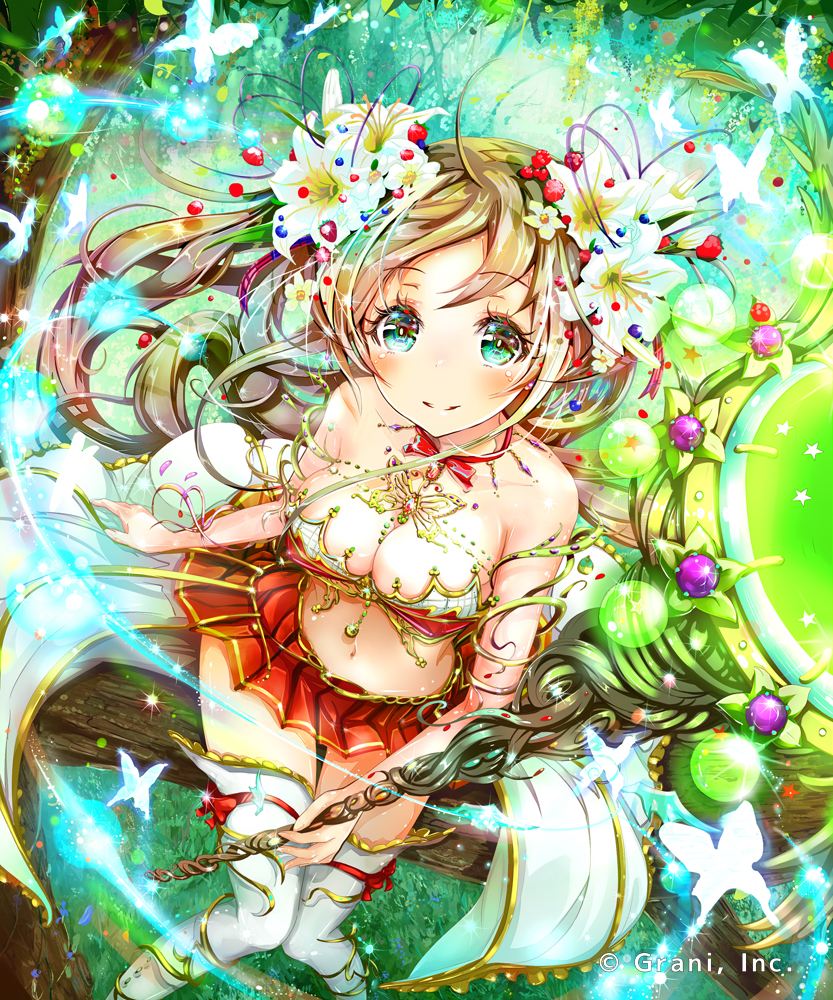 1girl aqua_eyes bare_arms bare_shoulders blonde_hair blush breasts butterfly cleavage day flower food from_above fruit grass hair_flower hair_ornament holding holding_staff in_tree jewelry keepout knees_together_feet_apart lily_(flower) long_hair looking_at_viewer looking_up magic medium_breasts midriff navel necklace official_art outdoors pleated_skirt red_skirt shingoku_no_valhalla_gate sitting sitting_in_tree skirt sleeveless smile solo sparkle staff strapless strawberry thigh-highs tree tree_branch tubetop watermark white_legwear wind zettai_ryouiki