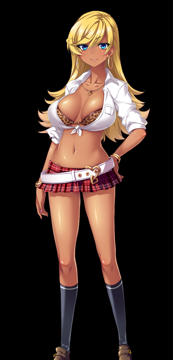 1girl black_legwear blonde_hair blue_eyes bra bracelet breasts character_name cleavage dark_skin earrings full_body game_cg gyaru highres hoop_earrings huge_breasts jewelry jk_bitch_sannin_musume! kneehighs large_breasts leaning_forward long_hair looking_at_viewer microskirt midriff navel necklace plaid plaid_skirt pleated_skirt sasamori_anna school_uniform shirt shoes skirt smile socks solo tan thighs tied_shirt tongue tongue_out underwear v