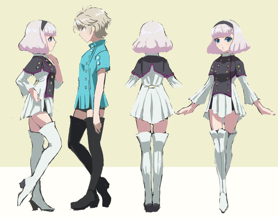 aldnoah.zero alternate_costume bangs bike_shorts black_footwear blonde_hair blue_eyes blunt_bangs bob_cut boots buretaro buttons character_sheet commentary dress from_behind full_body hairband high_collar high_heel_boots high_heels lemrina_vers_envers multiple_views pink_hair short_dress short_hair simple_background sketch slaine_troyard standing thigh-highs thigh_boots translation_request turnaround white_footwear zettai_ryouiki