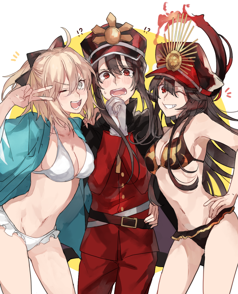 !? 1boy 2girls ;d ahoge arm_up bangs belt belt_buckle bikini black_bikini black_bow black_cape black_hair blue_jacket blush bow breasts buckle cape cleavage collarbone contrapposto cowboy_shot demon_archer fate/grand_order fate_(series) fire frilled_bikini frills girl_sandwich gloves grin hair_between_eyes hair_bow hand_on_hip hat highres hug jacket koha-ace long_hair long_sleeves looking_at_viewer medium_breasts multiple_girls oda_nobukatsu_(fate/grand_order) oda_nobunaga_(swimsuit_berserker)_(fate) okita_souji_(fate) one_eye_closed open_clothes open_jacket open_mouth own_hands_together peaked_cap ponytail red_eyes red_hat sakura_saber sandwiched shinsengumi smile standing swimsuit tearing_up tears teeth thighs uniform v v-shaped_eyebrows v_over_eye very_long_hair wavy_mouth white_bikini white_gloves wrt_(arpaca)