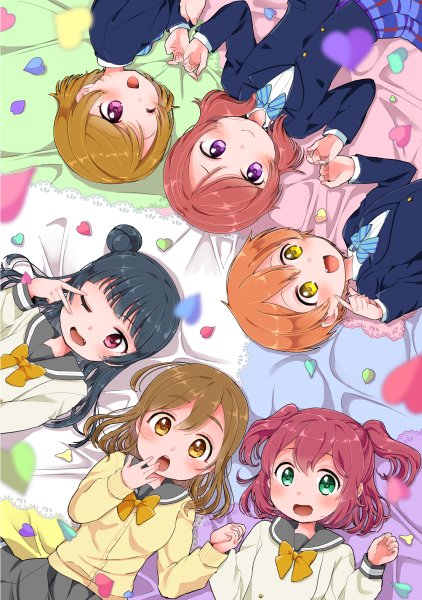 6+girls :d bangs black_hair blazer blue_neckwear blush bow bowtie brown_eyes brown_hair cover cover_page covering_mouth doujin_cover fang green_eyes hand_holding hoshizora_rin izumi_kirifu jacket koizumi_hanayo kunikida_hanamaru kurosawa_ruby long_hair long_sleeves looking_at_another looking_at_viewer love_live! love_live!_school_idol_project love_live!_sunshine!! lying multiple_girls nishikino_maki on_back one_eye_closed open_mouth orange_hair otonokizaka_school_uniform petals pointing redhead school_uniform serafuku short_hair side_bun skirt smile striped_neckwear textless tsushima_yoshiko two_side_up uranohoshi_school_uniform violet_eyes w w_over_eye yellow_eyes yellow_neckwear