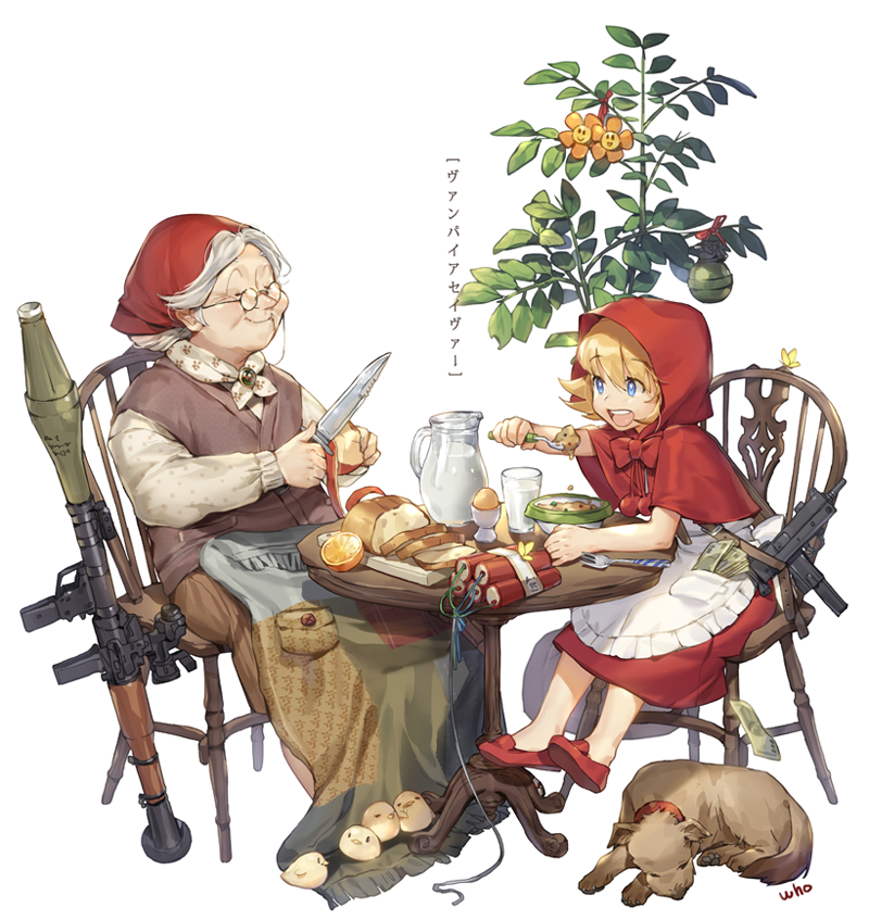 2girls age_difference apron artist_name bird blonde_hair blue_eyes bowl bread bulleta butterfly capelet chair character_request combat_knife dog dress dynamite eating egg explosive eyebrows_visible_through_hair food fork fruit glasses grandma grenade grey_hair gun head_scarf hood imi_uzi knife looking_at_another maid_apron milk money multiple_girls older open_mouth orange peeling plant pom_pom_(clothes) potted_plant quilt red_footwear red_hood rocket_launcher rpg rpg-7 short_hair simple_background slippers smile strap submachine_gun sweater table text translated tree vampire_(game) weapon white_background whoisshe