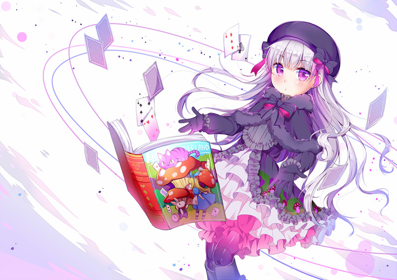 1girl ace_of_spades alice_(wonderland) alice_in_wonderland bangs beret black_bow black_capelet black_dress black_gloves black_hat black_legwear blush book bow card cheshire_cat club_(shape) commentary_request diamond_(shape) doll_joints dress eyebrows_visible_through_hair fate/extra fate_(series) frilled_dress frilled_sleeves frills fur-trimmed_capelet gloves gothic_lolita hair_between_eyes hair_bow hat lolita_fashion long_hair long_sleeves looking_at_viewer nursery_rhyme_(fate/extra) open_book pantyhose playing_card silver_hair solo spade_(shape) striped striped_bow very_long_hair violet_eyes white_rabbit yingyemao