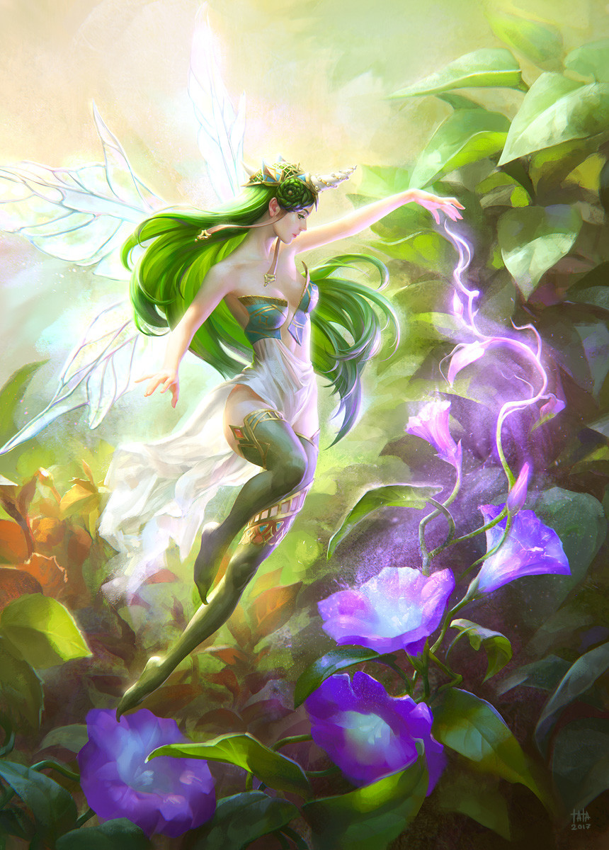 1girl artist_name bare_hips bare_shoulders closed_mouth double_bun fairy fairy_wings flower flying green_eyes green_footwear green_hair green_legwear hand_up highres horn_ornament legs_together long_hair magic minigirl scenery signature solo tatiana_kirgetova wings