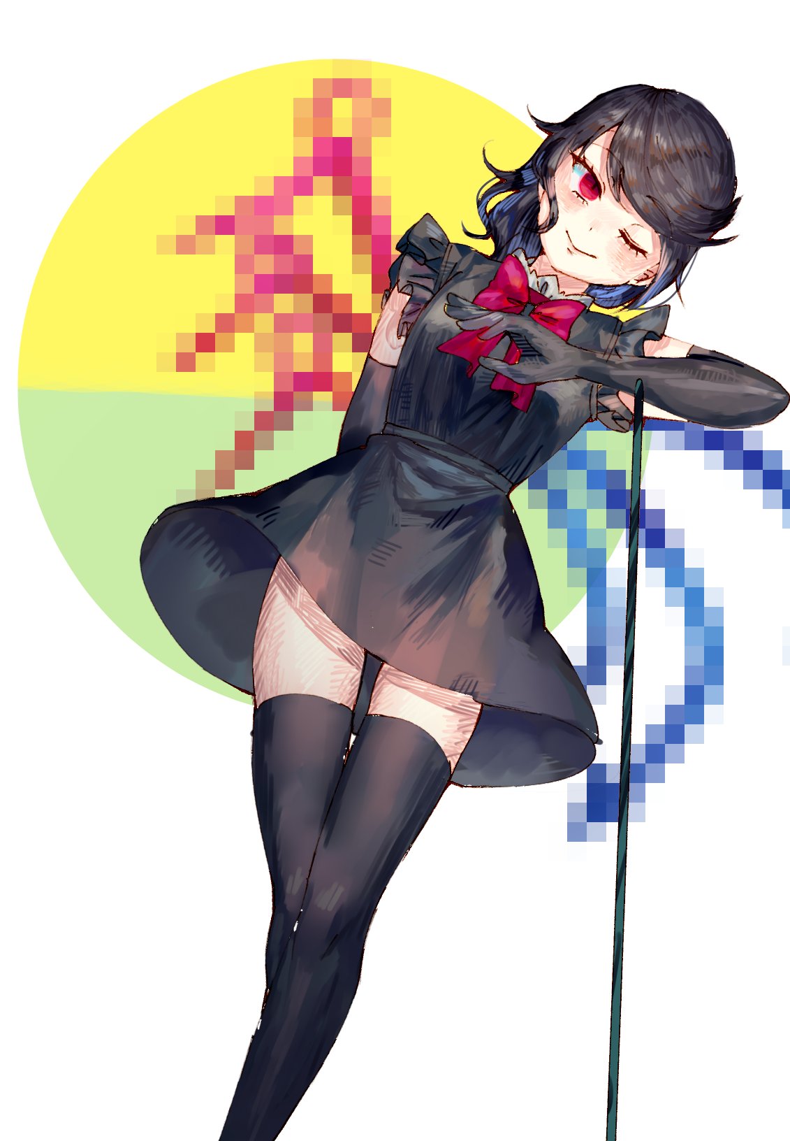 1girl arm_at_side asymmetrical_wings black_dress black_gloves black_hair black_legwear bow bowtie censored closed_mouth dress elbow_gloves eyebrows_visible_through_hair fake_censor gloves hand_up head_tilt highres houjuu_nue kanou_(natsuno0223) polearm red_eyes red_neckwear short_dress smile solo thigh-highs touhou trident weapon white_background wings