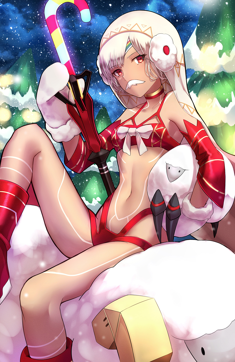 1girl altera_(fate) altera_the_santa animal bangs bare_shoulders boots bra breasts candy candy_cane circlet closed_mouth clouds cloudy_sky collarbone dark_skin detached_sleeves earmuffs eyebrows_visible_through_hair facial_hair fate/grand_order fate_(series) food full_body_tattoo fur_trim glowing highres holding holding_animal knee_boots knee_up looking_at_viewer mittens mustache navel night night_sky on_animal red_bra red_choker red_eyes red_footwear ribbon sheep shiguru short_hair sitting sky small_breasts snow snowing star_(sky) starry_sky stomach swept_bangs tattoo tree underwear veil white_hair white_mittens white_ribbon