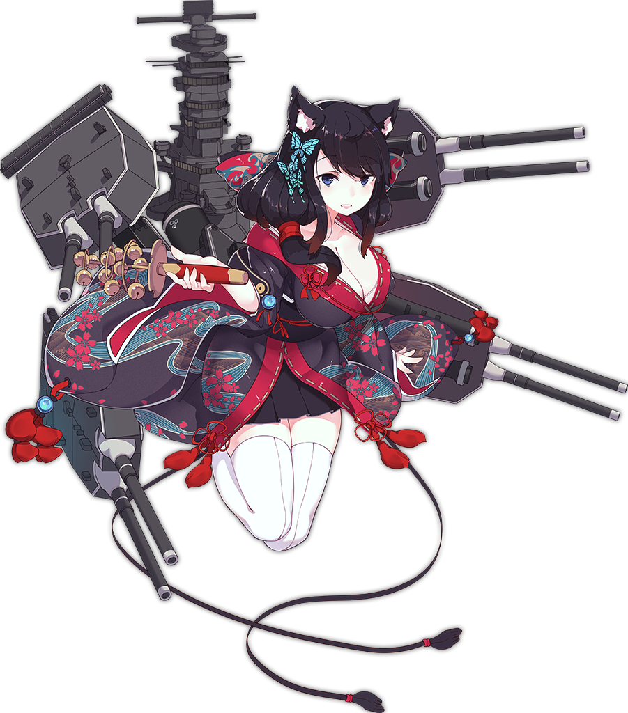 1girl animal_ears azur_lane bangs bell black_hair black_kimono blue_eyes bow breasts butterfly_hair_ornament cat_ears cleavage collarbone eyebrows_visible_through_hair full_body fusou_(azur_lane) hair_bow hair_ornament holding japanese_clothes jingle_bell kimono large_breasts long_hair looking_at_viewer low_ponytail machinery obi official_art open_mouth rain_lan ribbon-trimmed_clothes ribbon_trim sash side_ponytail simple_background solo swept_bangs tassel thigh-highs transparent_background turret white_legwear wide_sleeves zettai_ryouiki