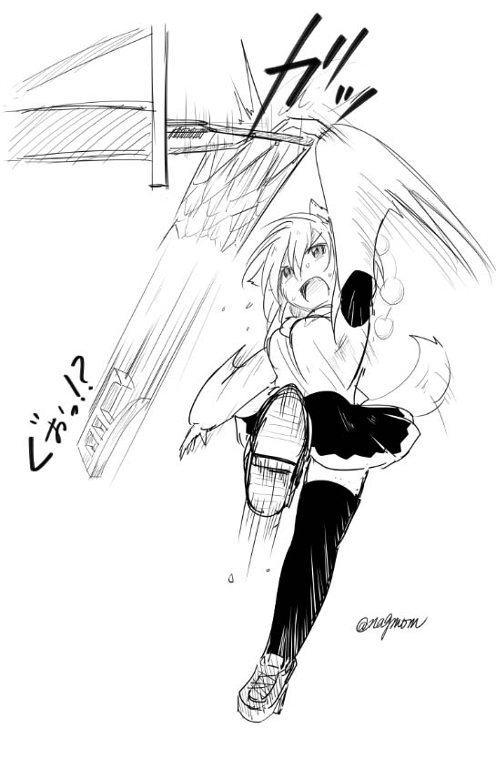 1girl animal_ears basketball_hoop black_legwear black_skirt breasts dutch_angle eyebrows_visible_through_hair fang foreshortening from_side greyscale hat inubashiri_momiji medium_breasts monochrome motion_lines open_mouth pom_pom_(clothes) shoes skirt sneakers tail taurine_8000mg thigh-highs tokin_hat touhou translation_request twitter_username wide_sleeves wolf_ears wolf_tail zettai_ryouiki