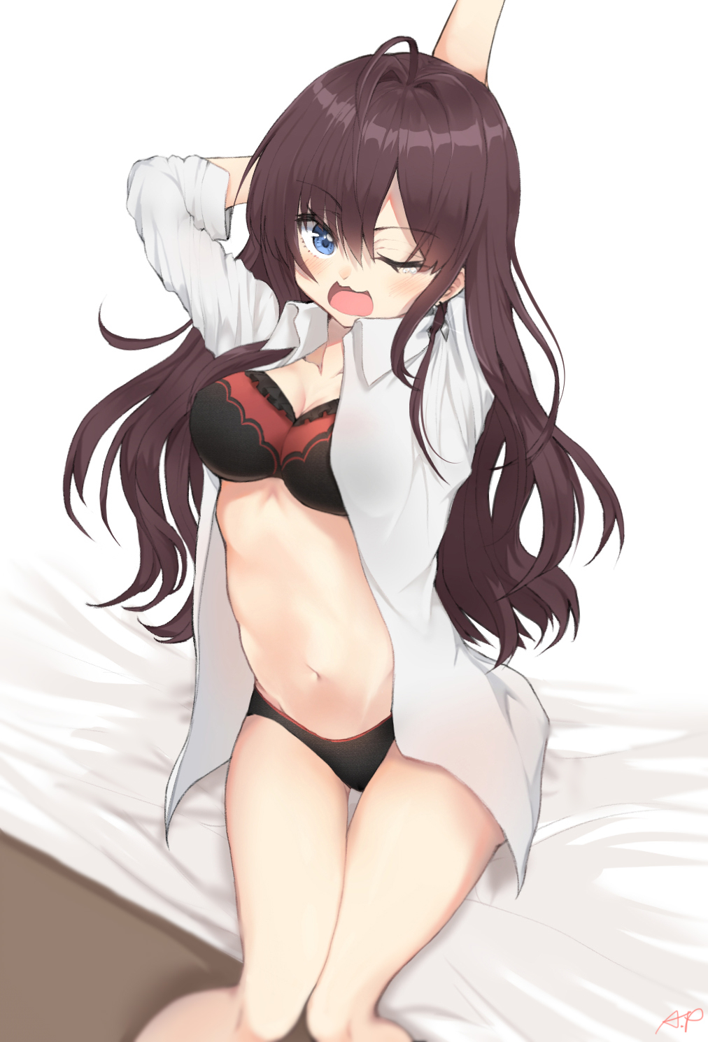 1girl :3 ahoge applepie_(12711019) arms_up bed bed_sheet black_bra black_panties blue_eyes blush bra breasts brown_hair cleavage commentary dress_shirt earrings highres ichinose_shiki idolmaster idolmaster_cinderella_girls jewelry long_hair long_sleeves looking_at_viewer medium_breasts navel on_bed one_eye_closed open_clothes open_shirt panties shirt sitting solo stretch underwear waking_up white_shirt yawning