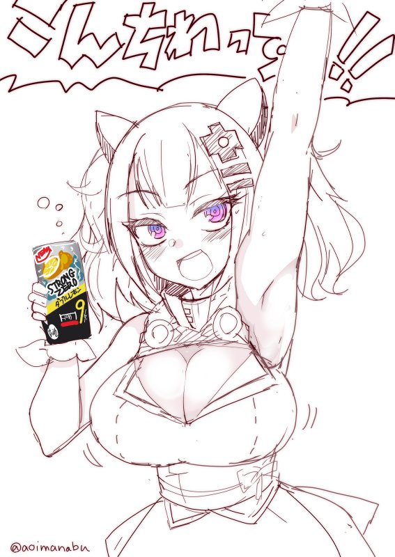 animal_ears aoi_manabu arm_up armpits artist_name breasts bubble can cat_ears cleavage cleavage_cutout drink hair_ornament hairclip kaguya_luna kaguya_luna_(character) obi open_mouth partially_colored sash shouting sketch speech_bubble sweat text twintails twitter_username violet_eyes white_background x_hair_ornament