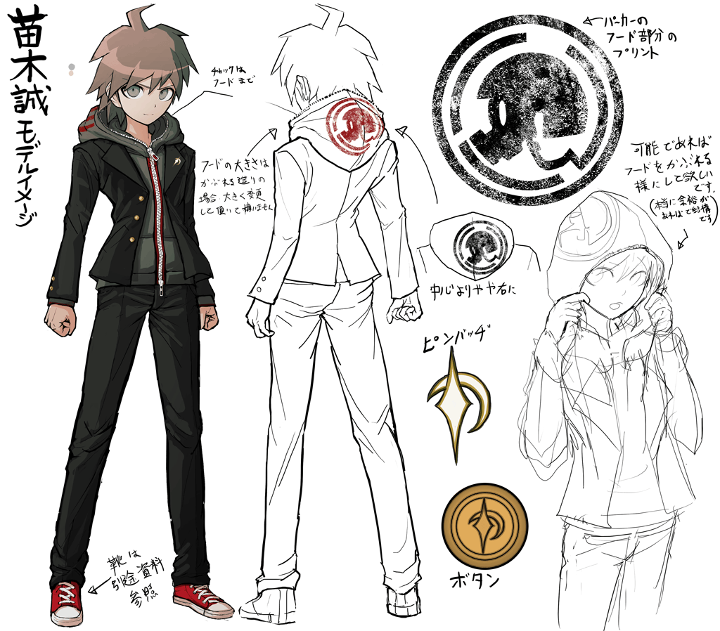 1boy ahoge bangs brown_hair character_sheet clenched_hands concept_art dangan_ronpa dangan_ronpa_1 full_body hood hoodie jacket komatsuzaki_rui lineart looking_at_viewer male_focus naegi_makoto official_art pants reference_sheet school_uniform shoes simple_background sketch sneakers standing translation_request white_background