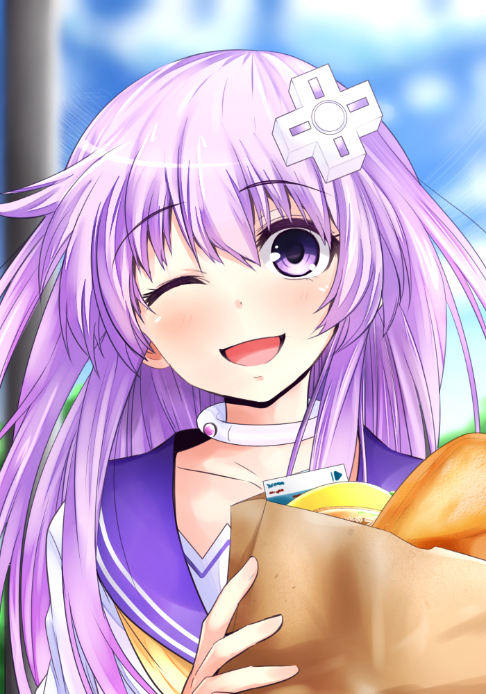 1girl ;d bag bread carrying_bag choker collarbone d-pad d-pad_hair_ornament day food groceries grocery_bag hair_ornament hairclip long_hair looking_at_viewer nepgear neptune_(series) one_eye_closed open_mouth pudding purple_hair shopping_bag smile solo upper_body violet_eyes warabi_mochi_(ehimedaisuki)