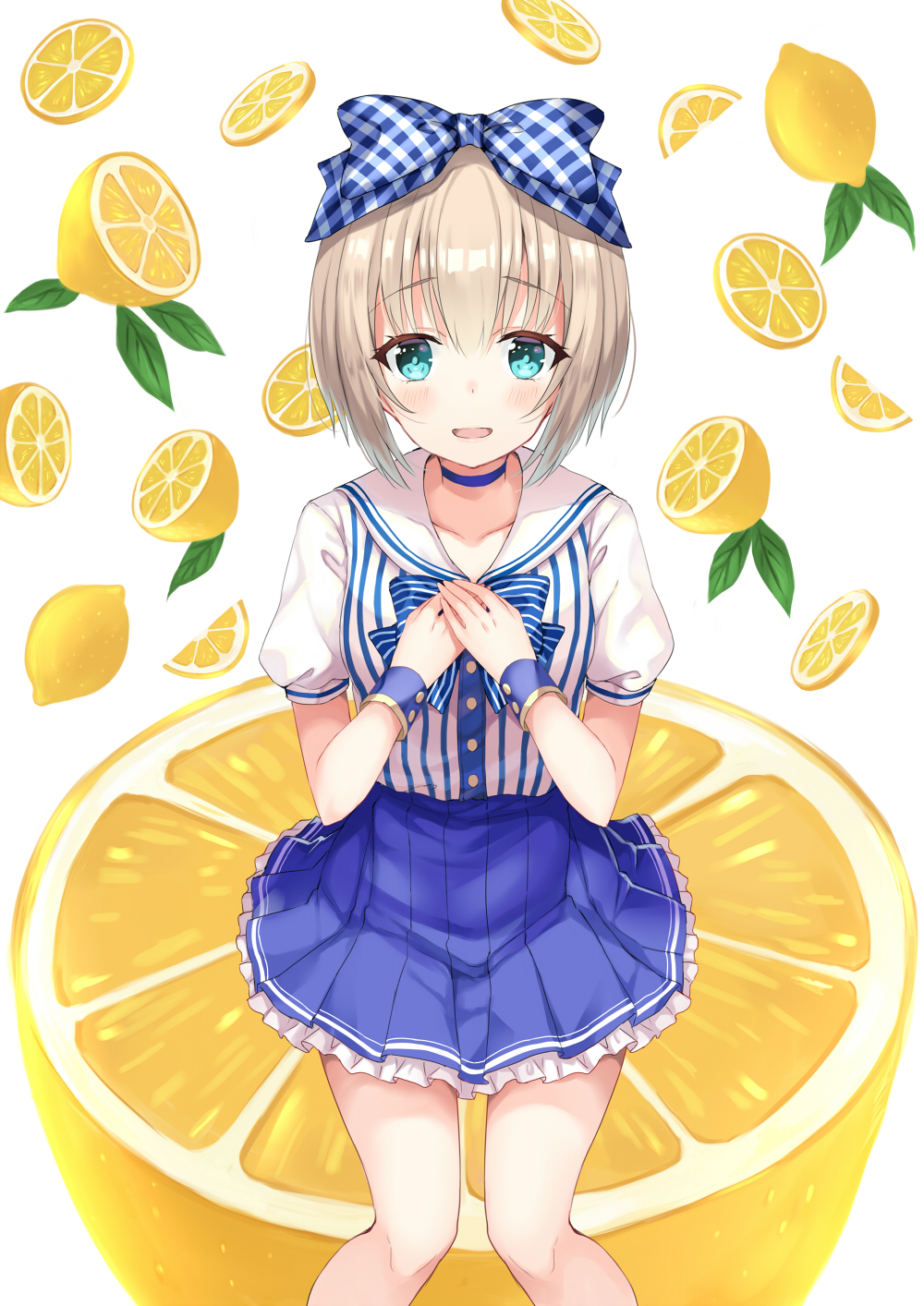 1girl bangs blue_bow blue_choker blue_neckwear blue_skirt blush bow bowtie collarbone commentary_request dress_shirt eyebrows_visible_through_hair food frilled_skirt frills fruit hair_between_eyes hair_bow hands_on_own_chest harimoji highres knees_together_feet_apart lemon light_brown_hair looking_at_viewer original parted_lips plaid plaid_bow pleated_skirt puffy_short_sleeves puffy_sleeves shirt short_hair short_sleeves simple_background sitting skirt smile solo striped_neckwear white_background white_shirt wrist_cuffs