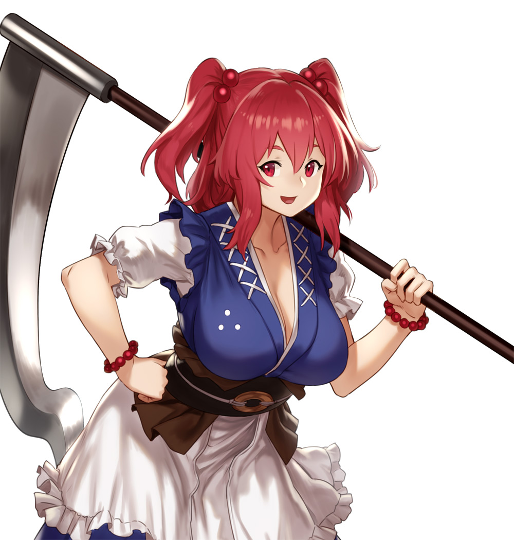 1girl :d apron bangs blush bracelet breasts cleavage cowboy_shot frilled_sleeves frills hair_bobbles hair_ornament hand_on_own_chest holding holding_weapon houtengeki jewelry large_breasts leaning_forward looking_at_viewer medium_hair obi onozuka_komachi open_mouth over_shoulder pearl_bracelet red_eyes redhead sash scythe short_sleeves sidelocks smile solo standing tareme touhou two_side_up weapon white_apron