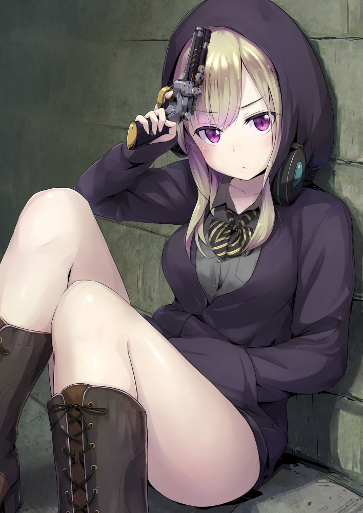 1girl bangs blonde_hair blush boots brown_footwear brown_legwear closed_mouth eyebrows_visible_through_hair finger_on_trigger grey_shirt gun hand_in_pocket headphones headphones_around_neck holding holding_gun holding_weapon hood hood_up hoodie knee_boots kneehighs knees_up looking_at_viewer original sakusaku shirt sidelocks sitting solo striped_neckwear thighs violet_eyes weapon