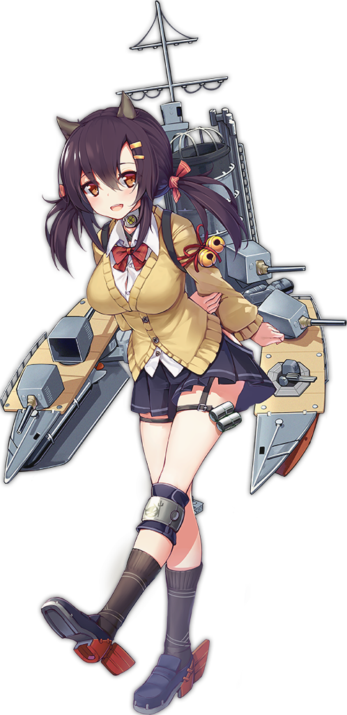 1girl :d arms_behind_back azur_lane bell black_hair bow breasts cardigan collar copyright_name dress_shirt full_body garter_straps hair_between_eyes hair_ornament hairclip horns jingle_bell knee_pads large_breasts leaning_forward long_hair long_sleeves looking_at_viewer low_twintails machinery miniskirt nagara_(azur_lane) official_art ootsuki_momiji open_mouth orange_eyes pleated_skirt shirt skirt smile socks solo standing tachi-e thigh_strap twintails white_background