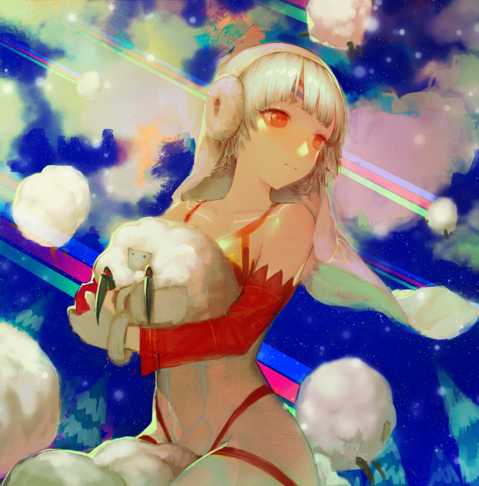 1girl altera_(fate) altera_the_santa animal bangs bare_shoulders blunt_bangs closed_mouth commentary detached_sleeves earmuffs fate/grand_order fate_(series) gloves grey_gloves holding holding_animal red_eyes revealing_clothes ryono_mizuki sheep short_hair silver_hair sitting smile solo veil