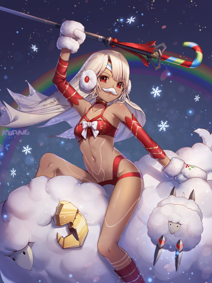 1girl :o altera_(fate) altera_the_santa animal arm_up artist_name bangs bare_shoulders boots bra breasts candy candy_cane circlet collarbone commentary dark_skin detached_sleeves earmuffs eyebrows_visible_through_hair facial_hair fate/grand_order fate_(series) food full_body_tattoo fur_trim holding holly knee_boots light_particles looking_at_viewer mittens mustache navel night night_sky on_animal open_mouth rainbow red_bra red_choker red_eyes red_footwear ribbon riding roang sheep shiny shiny_skin short_hair signature sitting sky small_breasts snowflakes snowing star_(sky) starry_sky stomach swept_bangs tattoo underwear veil white_hair white_mittens white_ribbon wind